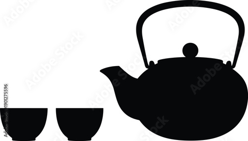 Cartoon silhouette illustration of traditional teapot with two teacups, symbolizing Asian tea culture, ceremony, and minimalist design.