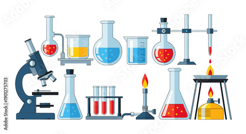 Various laboratory equipment glassware science experiment tools displayed with colorful liquids and flames on a clean white background.