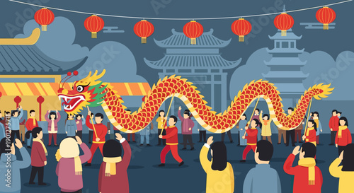 Vibrant Chinese dragon dance performed by many people during a festive cultural celebration with red lanterns and traditional architecture.