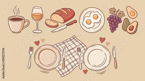 Delicious breakfast meal items and romantic table setting illustration featuring a variety of food and dining elements on a warm beige background.