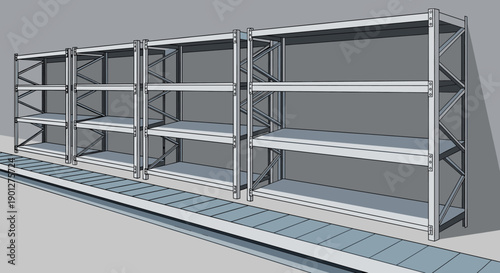 Empty metal industrial storage shelves with a long conveyor belt system running along the floor in a modern warehouse environment.