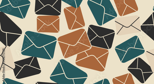 Seamless pattern of abstract minimalist envelopes in various colors scattered across a light beige background, perfect for communication themes.
