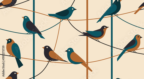 Stylized birds perched on wires and branches, forming a charming seamless pattern with a minimalist aesthetic and a warm color palette.