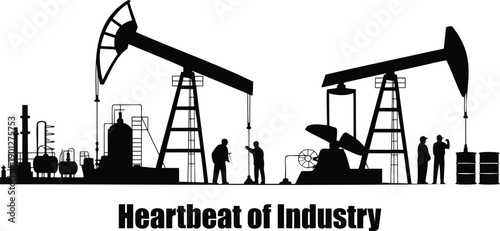 Industrial silhouette showing oil pumpjacks and workers with Heartbeat of Industry text