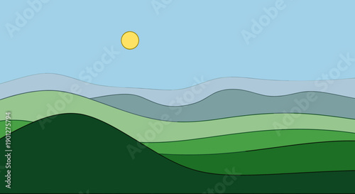 Green rolling hills landscape featuring a bright yellow sun in a clear blue sky, depicting a peaceful and minimalist natural environment.