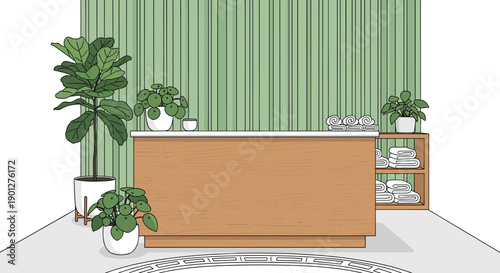 Stylish wooden reception desk with a clean white countertop, adorned with potted plants and rolled towels, set against a modern green slatted wall.