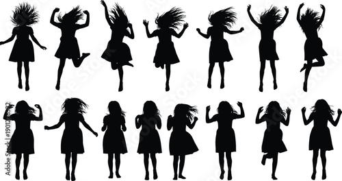 Silhouette set of happy young girls jumping and dancing with long hair flowing, cheerful female children in dresses celebrating, isolated on white background, vector