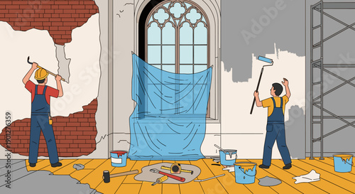 Professional workers performing renovation tasks inside an old building with one chipping plaster and another painting a wall near a large window.