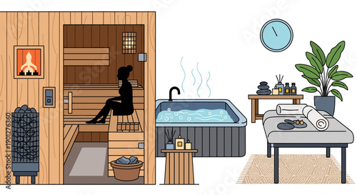 Sauna hot tub massage table spa facilities providing a complete wellness experience for ultimate relaxation and rejuvenation in a tranquil setting.