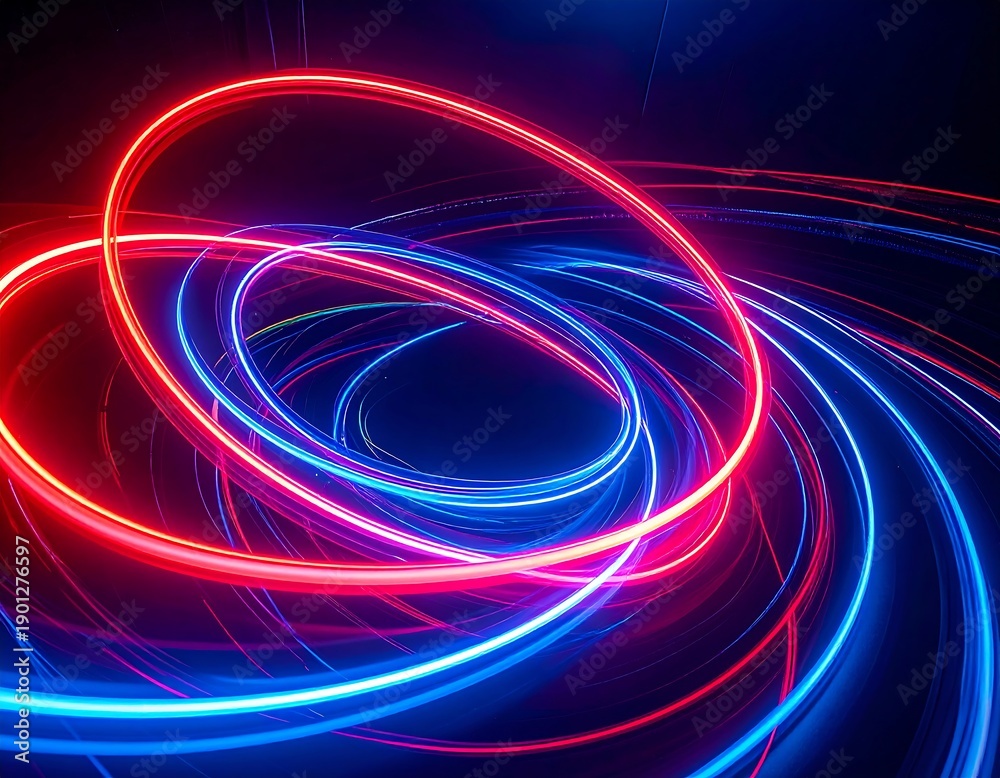Obraz premium Glowing trails of red and blue lights swirl against a dark backdrop creating motion