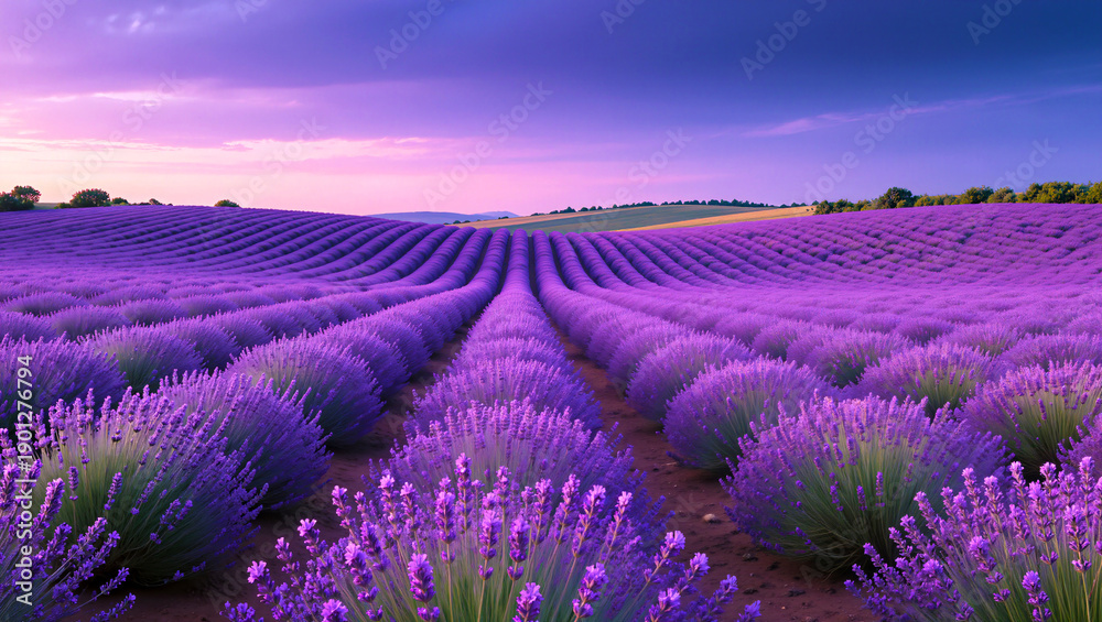 Obraz premium Vast Lavender Fields Under a Twilight Sky