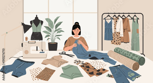 Woman creating fashion designs and sewing clothes in her bright home studio, surrounded by fabrics, garments, and tailoring tools.