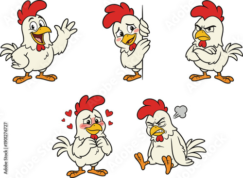 Cute cartoon chicken character set showing different emotions and poses, funny rooster illustration collection for kids design, stickers, emojis, and playful mascot use