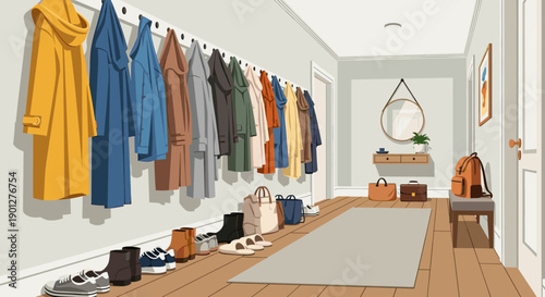 Many colorful coats jackets shoes bags line a modern home entryway, neatly organized on a peg rail above various footwear and accessories.