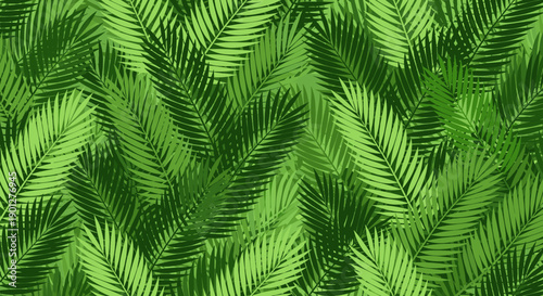 Lush green palm leaves create a vibrant tropical background pattern, offering a refreshing and natural aesthetic for various design projects.