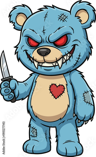 Evil teddy bear cartoon character holding knife with stitched scars, creepy horror toy illustration isolated for Halloween, games, stickers and dark fantasy designs