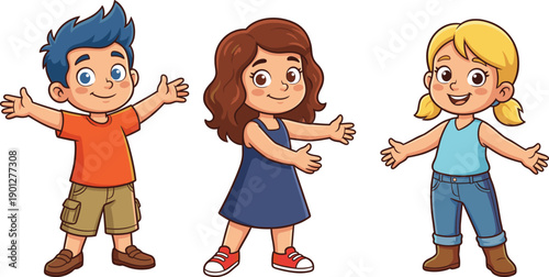 Happy cartoon kids characters standing with open arms illustration for children education, kindergarten posters, learning apps, friendly mascots, and playful design projects