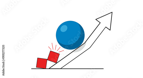 Momentum and Progress: Blue Sphere Crushing Red Obstacles on Upward Growth Arrow Illustration