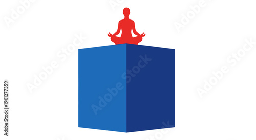 Yoga and Meditation Balance Concept: Red Silhouette Sitting on Top Corner of Stable Blue Cube