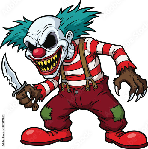 Scary cartoon evil clown character holding knife, creepy horror joker illustration with striped shirt and red shoes for Halloween designs games posters