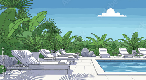 Comfortable lounge chairs and swimming pool area surrounded by lush tropical plants under a clear blue sky with a fluffy white cloud.