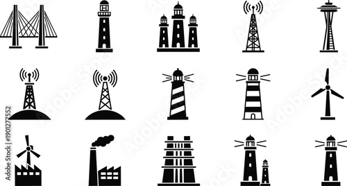 Infrastructure and technology icon vector set featuring bridges, lighthouses, radio towers, factories and wind turbines in black flat silhouette design