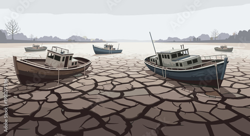 Several old abandoned fishing boats, weathered vessels, are stranded on a severely cracked dry riverbed under a desolate gray sky.