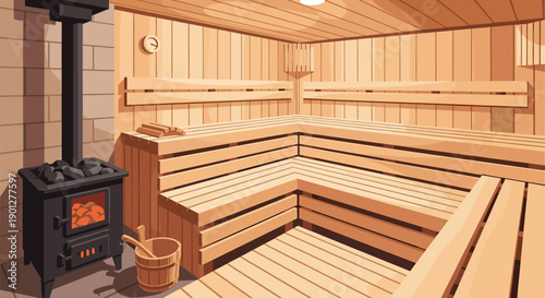 Traditional wooden sauna interior with a wood-burning stove and benches, creating a warm and relaxing atmosphere for wellness and health.