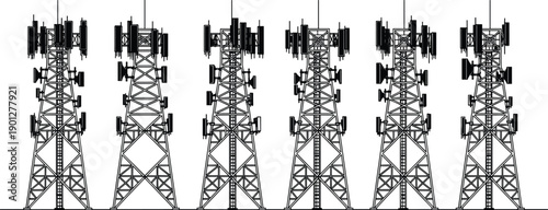 Telecommunication tower vector collection featuring radio and mobile network antenna silhouettes in black flat style for wireless technology infrastructure design projects