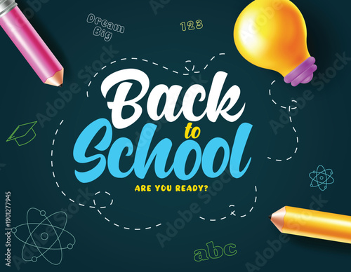 Back to School Chalkboard Background with Pink Pencil, Yellow Pencil, and Glowing Lightbulb Icon