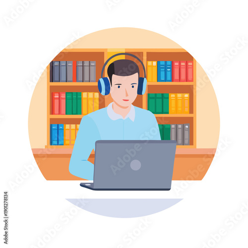 Student Studying Online with Laptop and Headphones