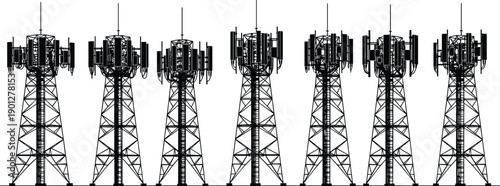 Telecommunication tower vector set featuring mobile network antenna and radio signal infrastructure silhouettes in black flat style for wireless technology design projects