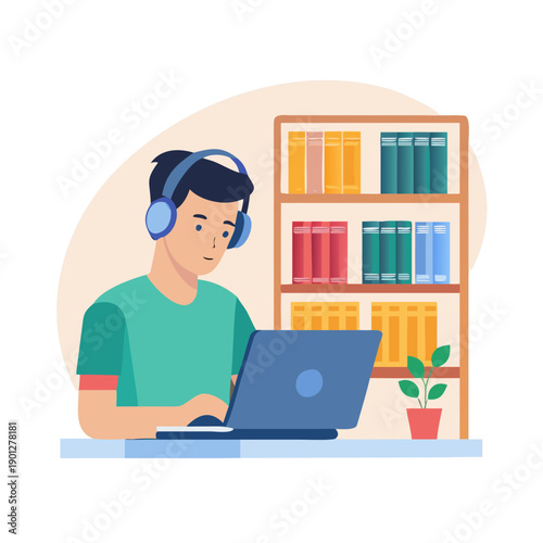 Student Studying Online with Laptop and Headphones