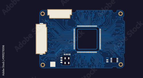 Blue Printed Circuit Board with Central Microchip and Connectors, Flat Design