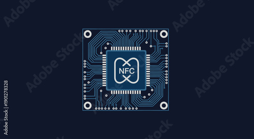 NFC chip on a dark blue background, representing electronic component and technology.