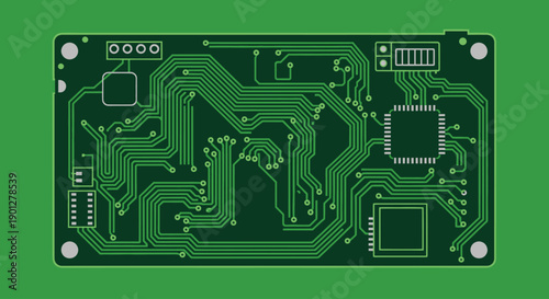 Green electronic circuit board with intricate pathways and components on a solid background.