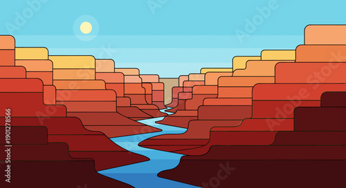 Winding river flows through a colorful canyon landscape, showcasing vibrant rock formations under a clear blue sky and a bright sun.