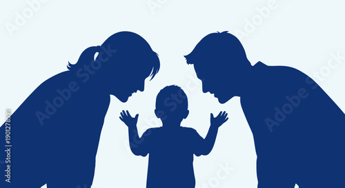 Mother father child silhouettes in a close interaction, symbolizing family relationships, parenting, and communication against a light background.