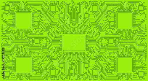 Abstract green microchip circuit board pattern with central processors