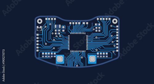 Blue Printed Circuit Board Electronic Components Microchip and Traces on Dark Background