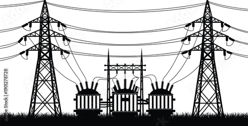 Electric power substation and transmission tower vector illustration featuring high voltage lines and energy infrastructure silhouettes in black flat design style