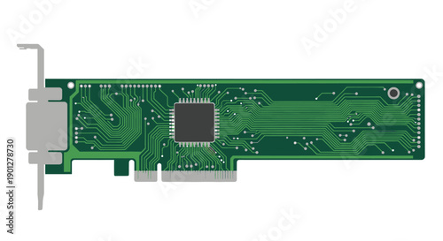 Green Printed Circuit Board with Integrated Circuit Chip and Connectors, Electronic Component