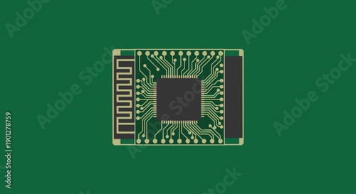 Green PCB with square integrated circuit and antenna element, flat design
