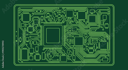 Obraz na plátně Green circuit board schematic with microchip and components, digital technology