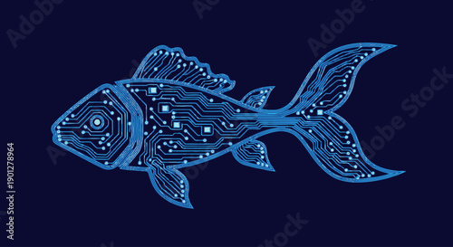 Blue electronic fish shape with circuit board pattern on dark background, vector art