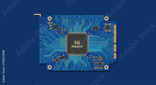 Electronic circuit board with 5G modem chip, blue lines on dark blue background, flat design vector