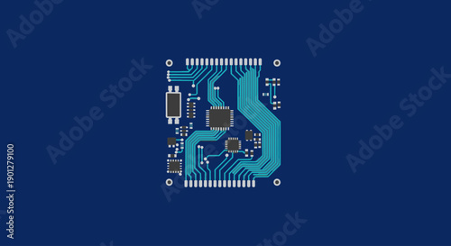 Electronic circuit board schematic with integrated circuits and components on dark blue background