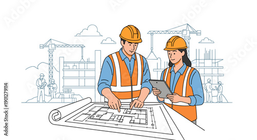 Two construction workers reviewing architectural blueprint plans together, collaborating on project details at a busy construction site.