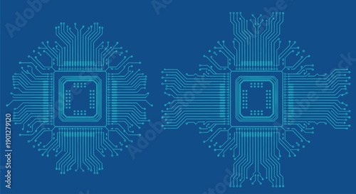 Blue circuit board patterns with central processor chips and radiating lines on a dark blue background.