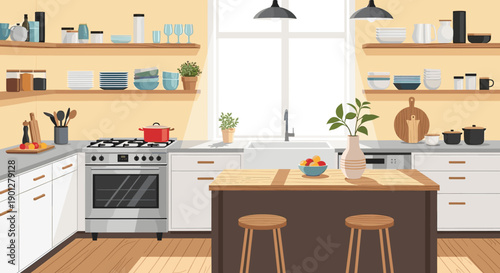 Modern kitchen interior design with a large window and an island counter, featuring open shelves, appliances, and decorative elements.